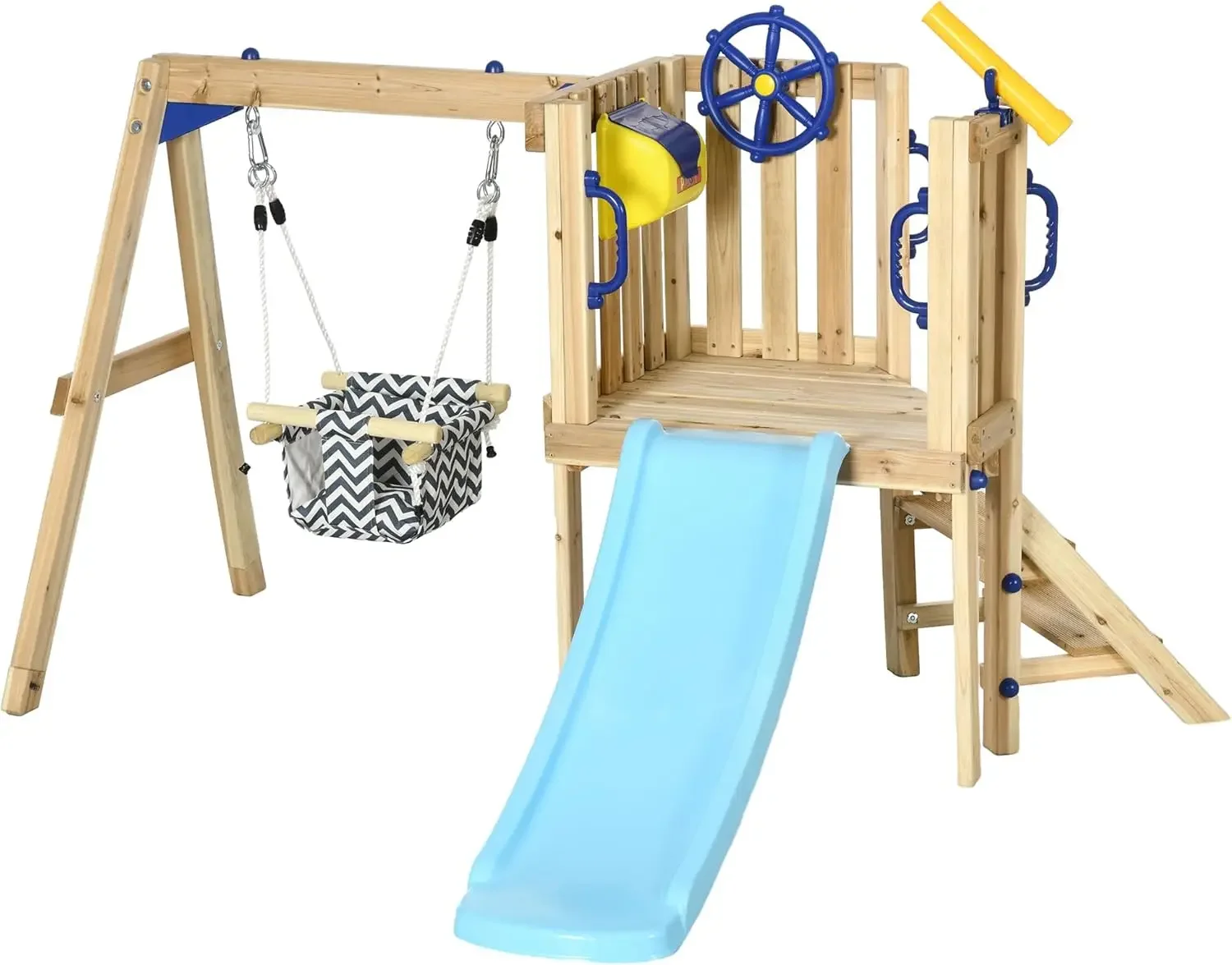 Outsunny 3 in 1 Wooden Swing Set Outdoor Playset with Baby Swing Seat, Toddler Slide, Captain's Wheel, Telescope, Kids Backyard