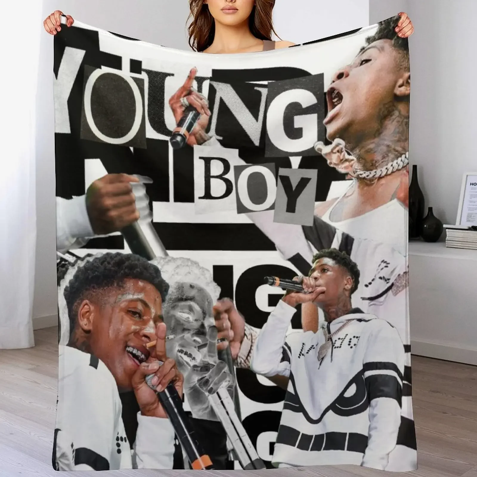 

Youngboy | B&W Billionaire Collage Throw Blanket Plush Polar Stuffeds Blankets