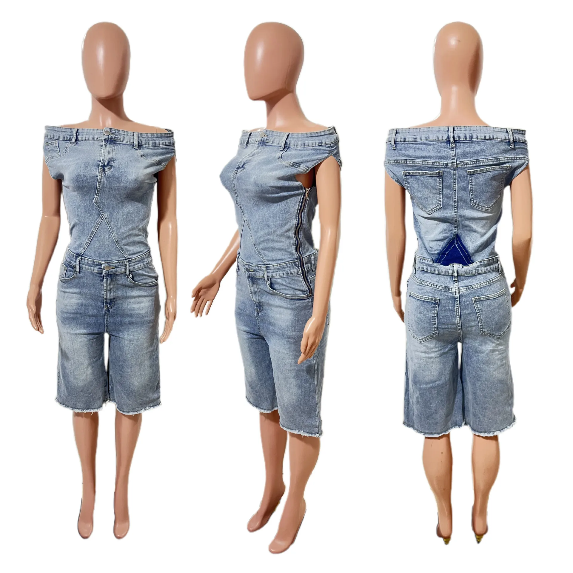 Tute corte da donna Tute di jeans Pagliaccetti Pantaloni interi Jeans elasticizzati al ginocchio Tasche lavate Streetwear femminile Estate 2025