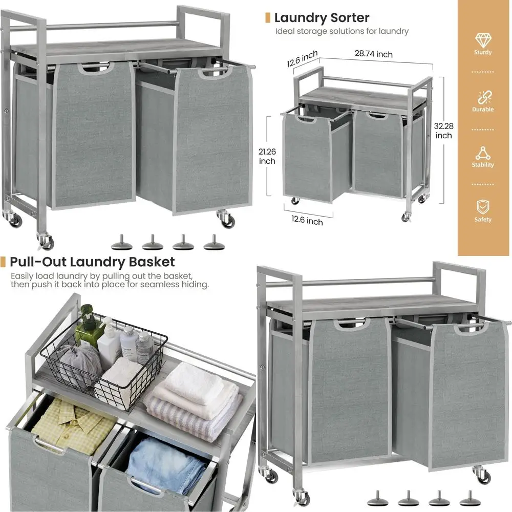 

3-Section Laundry Organizer with Wheels for Home, 2-Bag Set in Gray