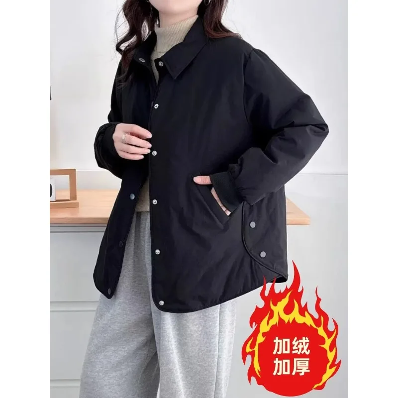 

Autumn and Winter Fleece Jacket Casual Lapel Small Cotton Coat Loose Jacket Shirt Lapel Pocket Button Long-sleeved Cardigan Top