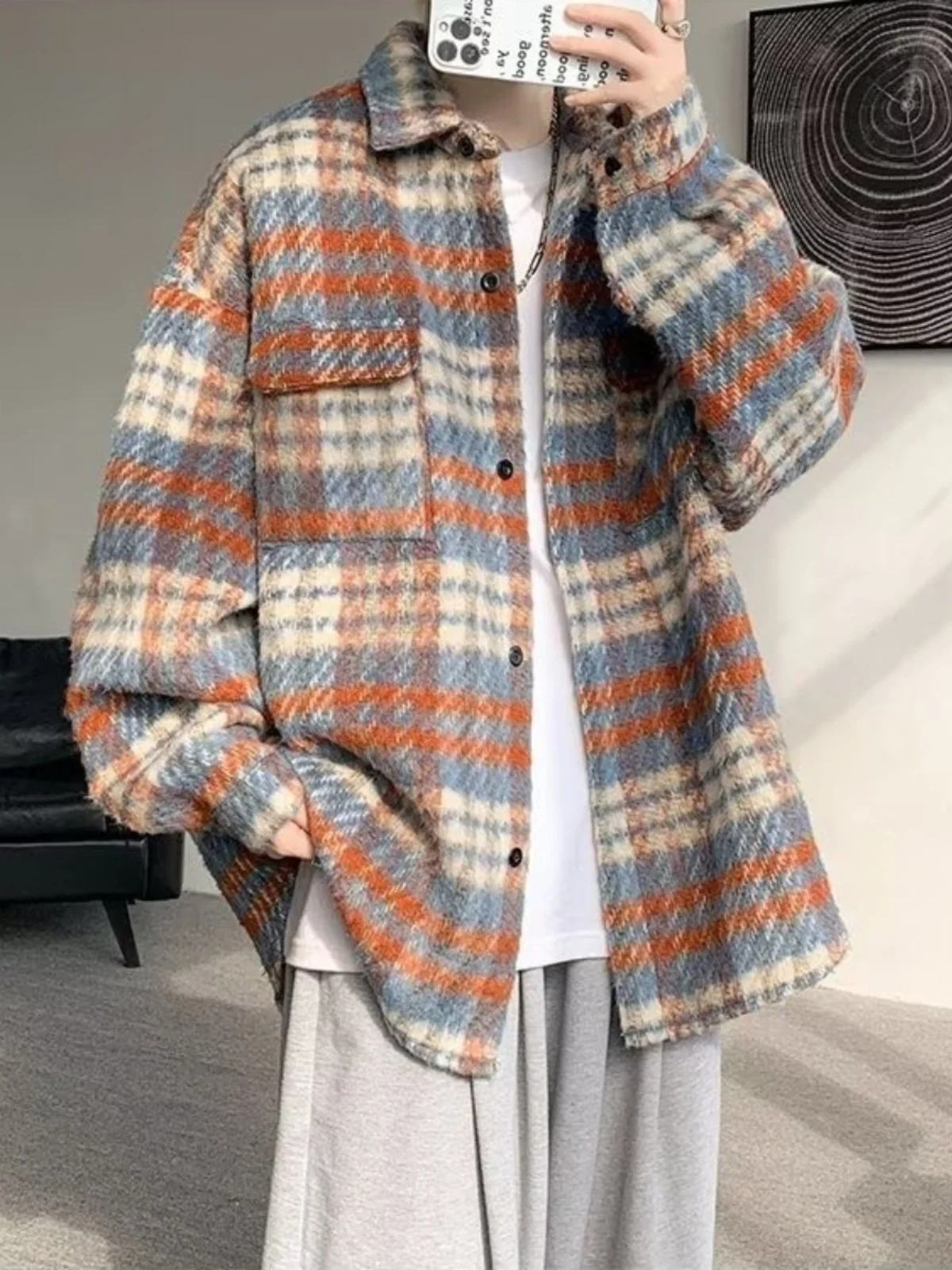 

Retro American Plaid irt Men's Autumn Winter Woolen Coat Trendy Brand Student Cool Street Sle Clothing Long Sve Turn-d...