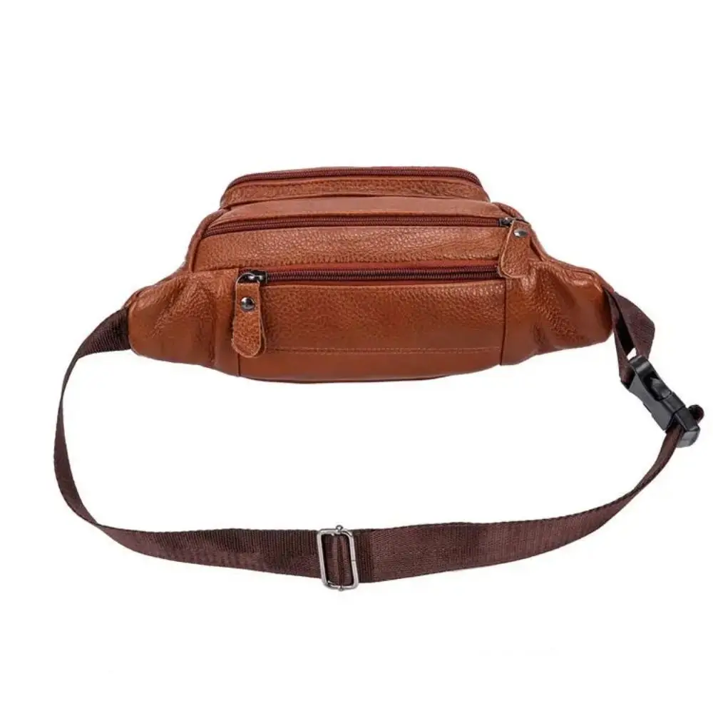 Large Capacity Waterproof PU Leather Men\'s Waist Bag Cowhide Male Zipper Site Workers Travel Phone Bag