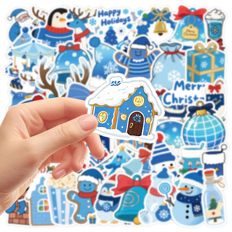 

50 шт. синих рождественских мультяшных наклеек в эстетическом стиле INS, водонепроницаемые стикеры для бутылок с водой, канцелярских принадлежностей, ноутбуков, багажа