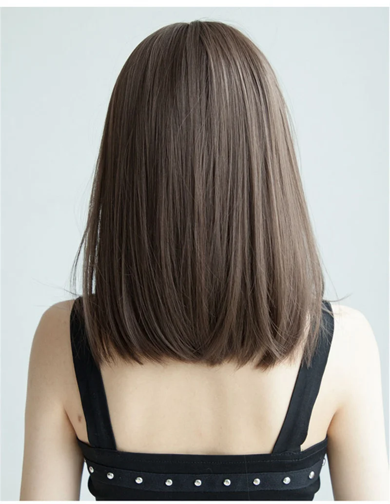 韓国スタイルのヘアエクステンション合成ファッション若い女性のかつら通気性ヘッドカバーミディアムレングスストレートウィッグ帽子女性のための