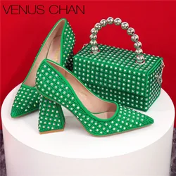 Nigerian Women Heels Party Ladies Italian Design Green Shoes And Bag Set Decorated with Rhinestone Handbag Wedding Party