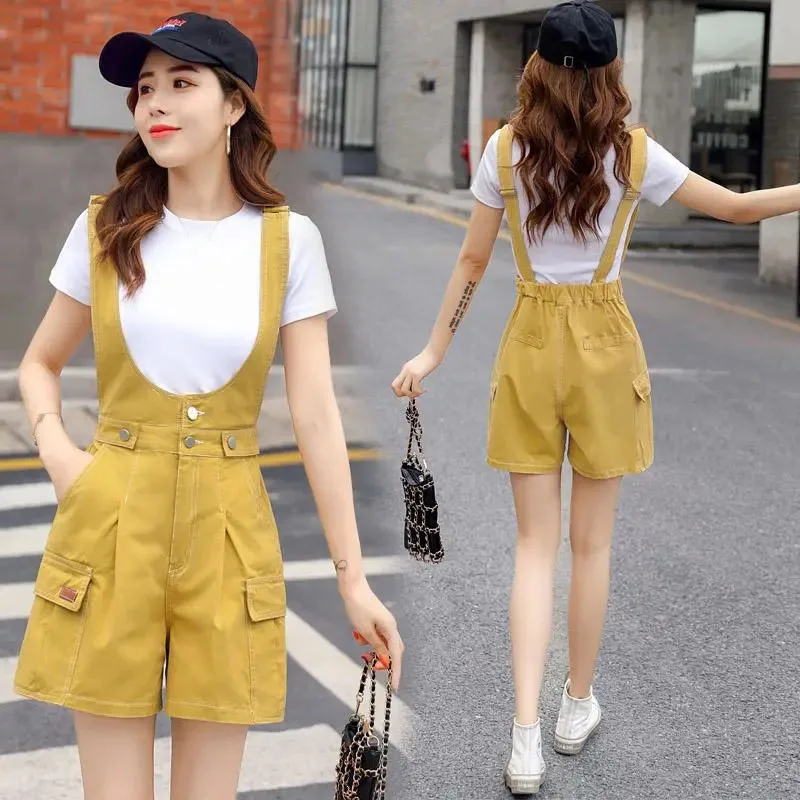 Korean Women High Waisted Backstraps Pants New Female Loose Fit Solid Color Versatile Rompers 2024 Summer Ladies Jumpsuit Shorts