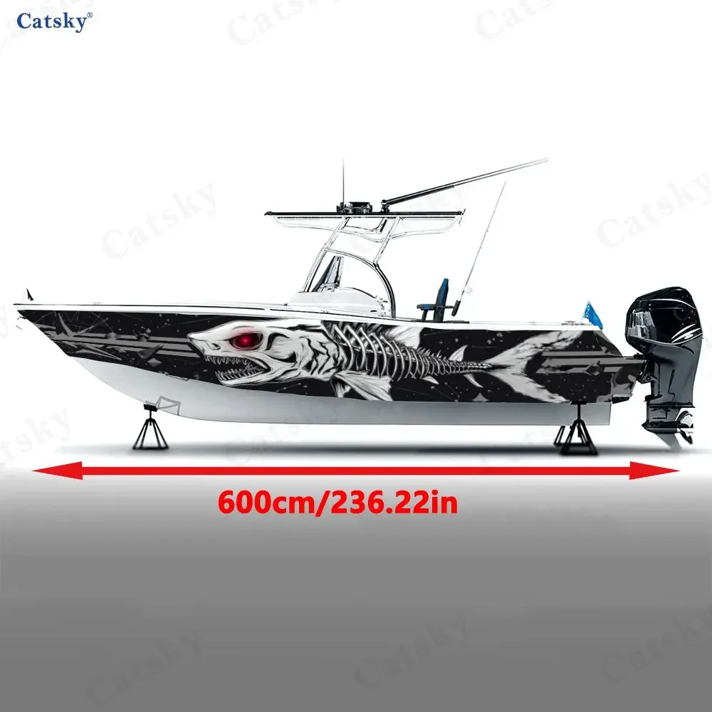 2Pcs Edgy Skeleton Shark Boat Wrap, PVC Waterproof Durable Vinyl Wrap Decals for Fishing Boats, Durable and Stylish Design