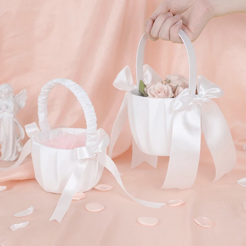 White Wedding Flower Basket With Diamond Bow Ribbon Silk Bride Handheld Storage Basket Girls Basket Wedding Party Decor Supplies