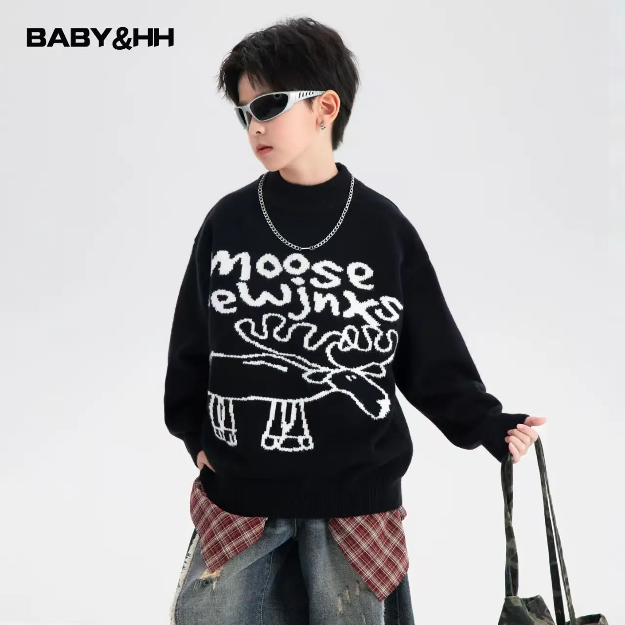 

Детский теплый вязаный свитер с мультяшным принтом, черный, с воротником-стойкой, осенне-зимняя коллекция 2026 года, новинка