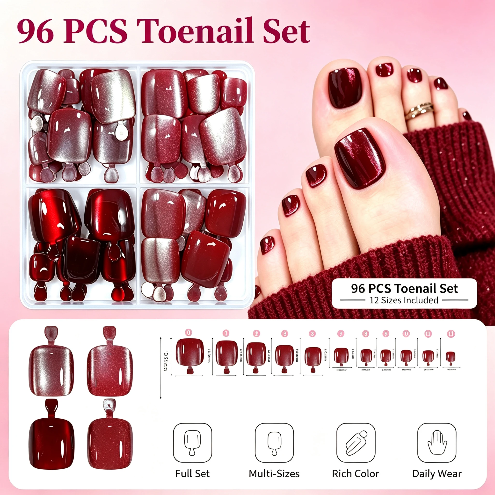 Full set of 96‑piece short square fake toenails‑4 colors cat eye glossy finish, wine red & rose metallic shade, reusable full co