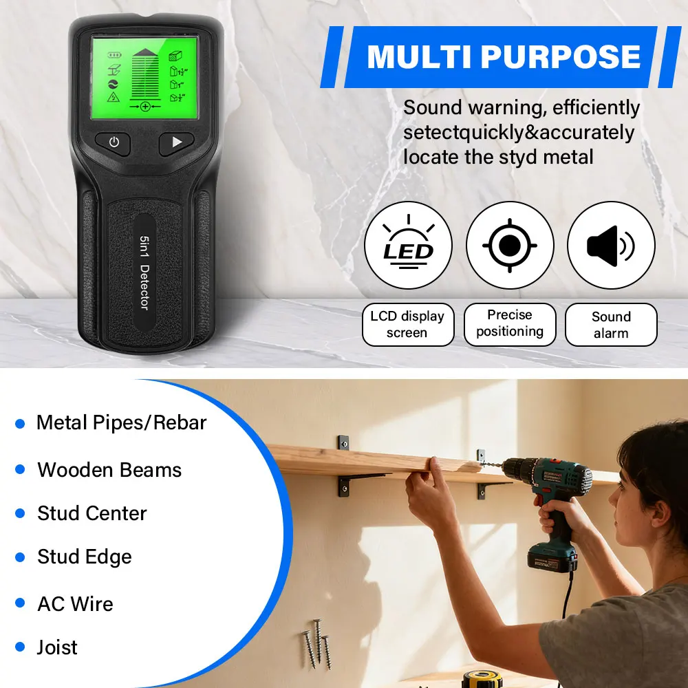 Wall Stud Detector 5-in-1 LCD-scherm Multifunctionele handheld voor hout AC-draad Kabel Metaaldetector Wall Stud Finder Scanner