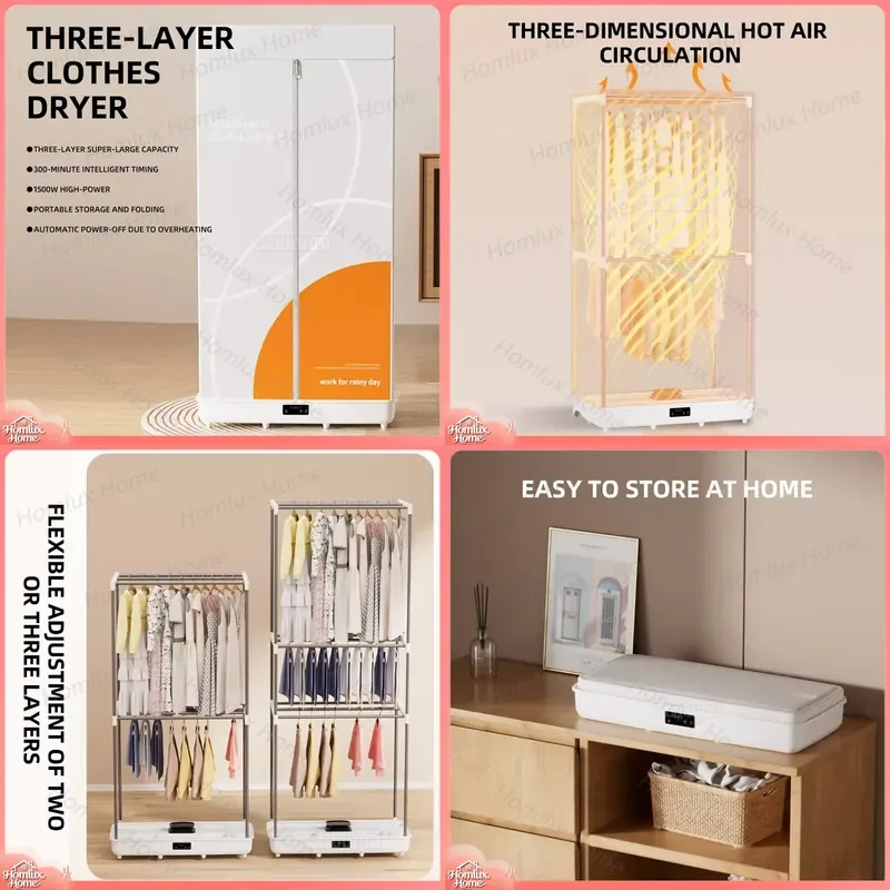 Large Capacity Folding Dryer 1500W Double Triple Layer Towel Rack Air Drying Rack for Kitchen Bathroom Laundry Space Saving