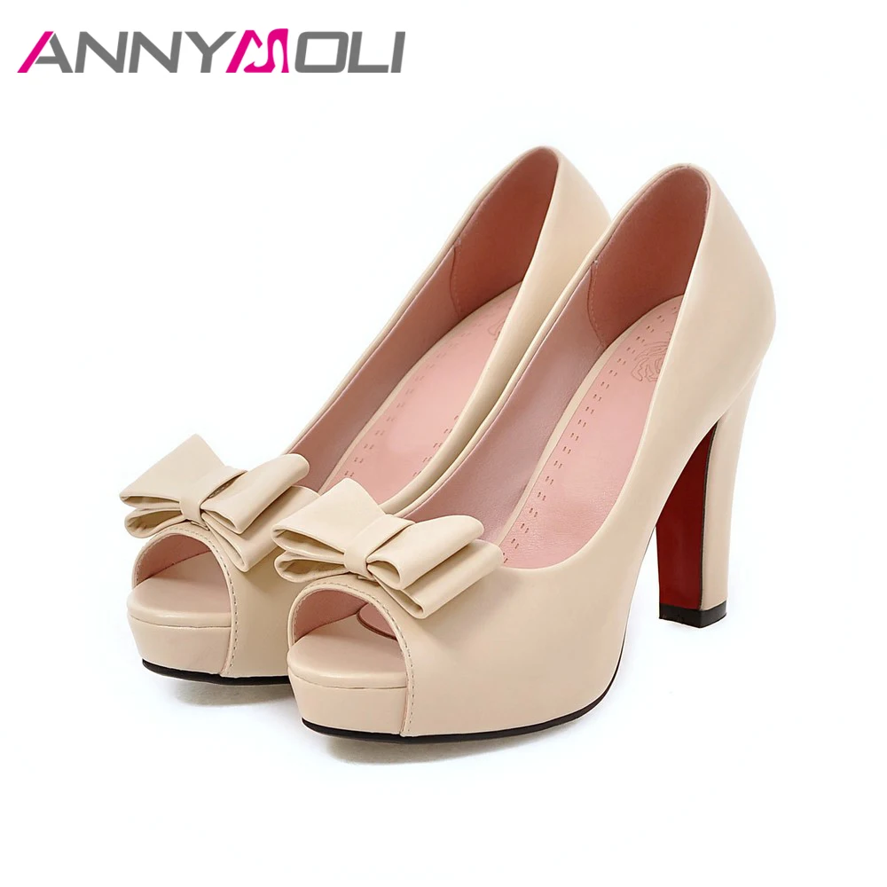 ANNYMOLI Women Pumps High Heels Platform Open Toe Bow Women Party Shoes Peep Toe High Heels luxury Women Shoes Size 43 33 Spring