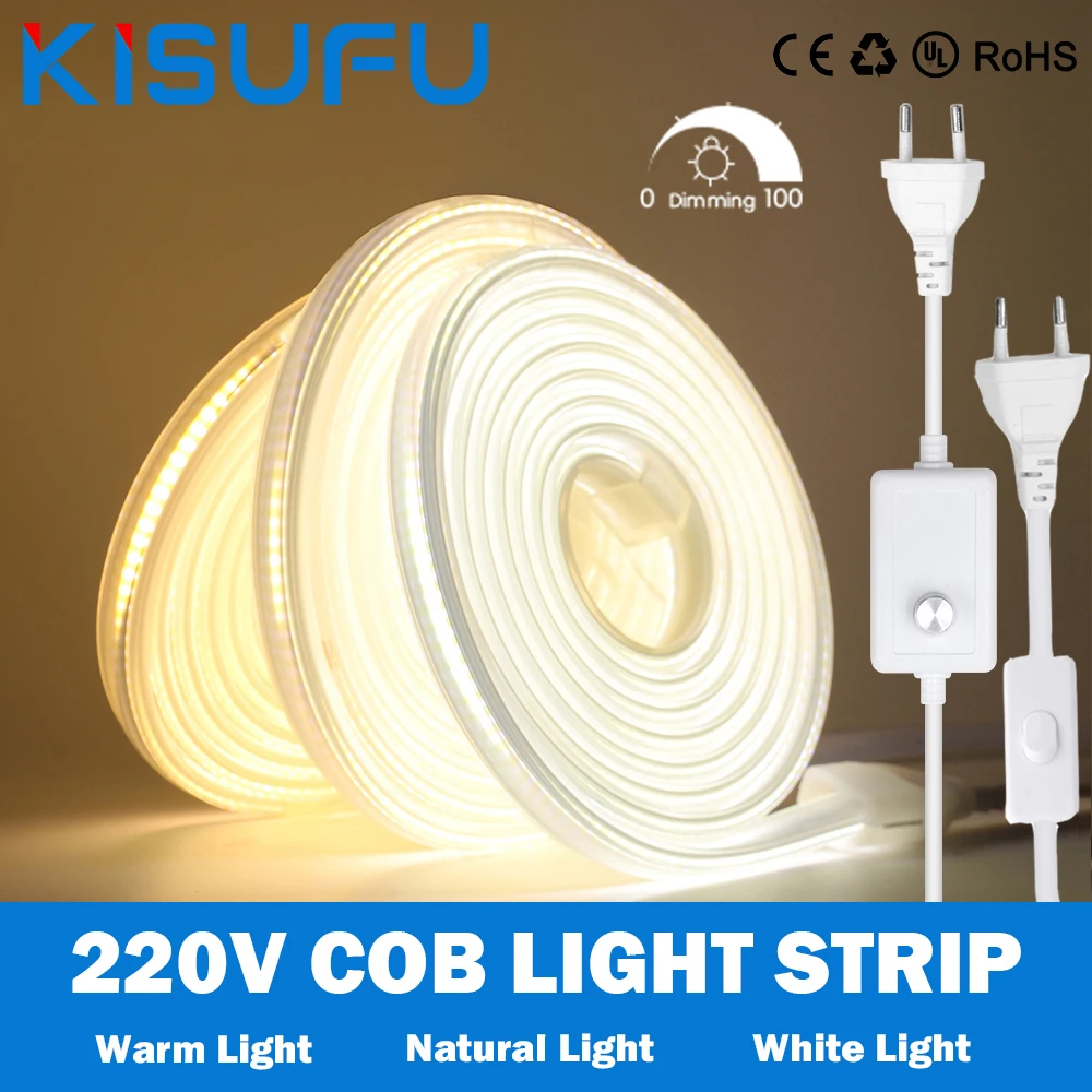 

COB LED Neon Strip Light With Switch/Dimmer EU Plug 220V 288 LEDs/M Flex Neon Strip Waterproof Linear Lighting 3000K 4000K 6000K
