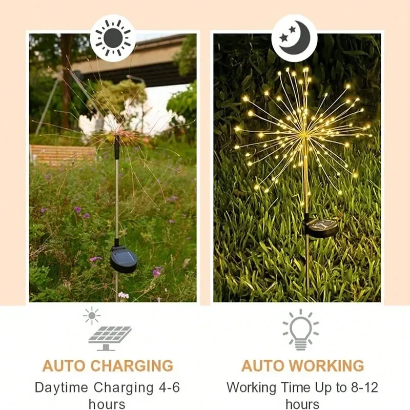 Solar Power Pathway Lights Outdoor LED Lawn Firework Light DIY Landscape Lamp String Waterproof Outdoor Decor Garden Yard Lamp