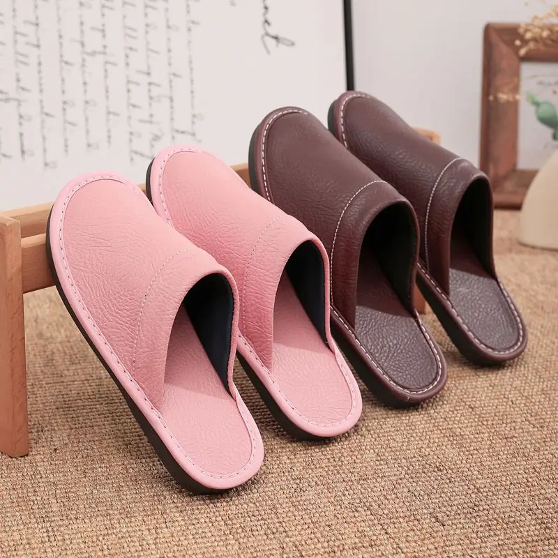 Home Leather Slippers Men and Women Spring 2024 New Non-slip Waterproof Floor Shoes Anti-odor Soft Sole Males Indoor Slides view 4