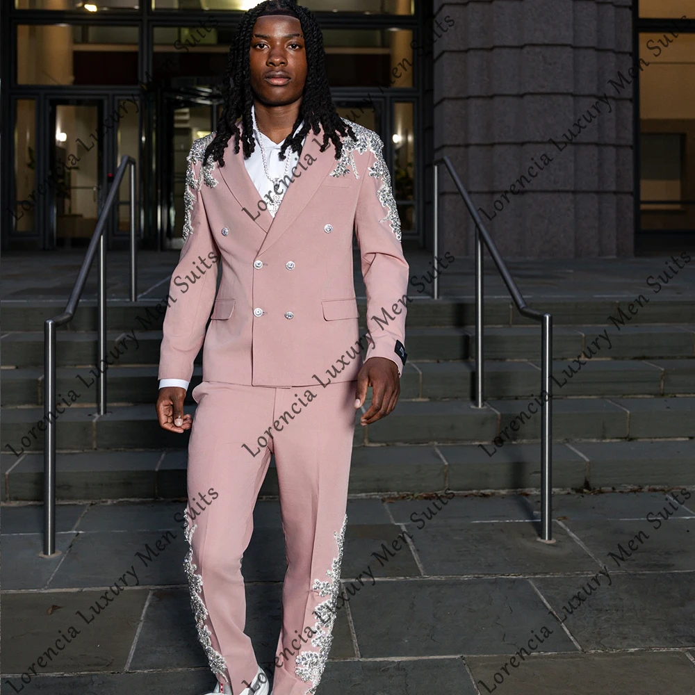 

Glitter Applique Suits for Men Double Breasted Tuxedos Glitter Wedding Outfits Customized Loose Blazer Pants roupas masculinas