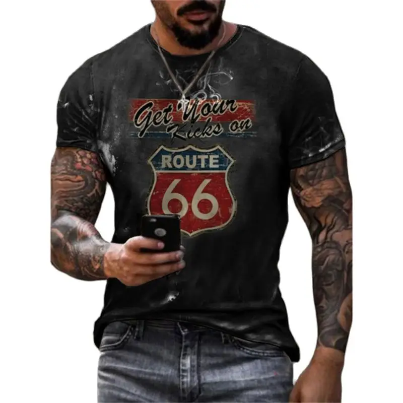 كاليفورنيا موضة خمر ثلاثية الأبعاد طباعة الرجال تي شيرت الصيف الولايات المتحدة الطريق 66 رسائل الملابس س طوق عادية الشارع المتضخم تي شيرت