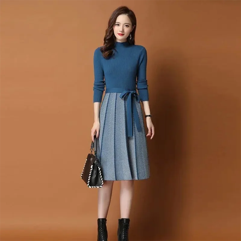 Robe pull mi-longue en laine pour femme, couleur assortie, mode automne hiver, nouvelle collection