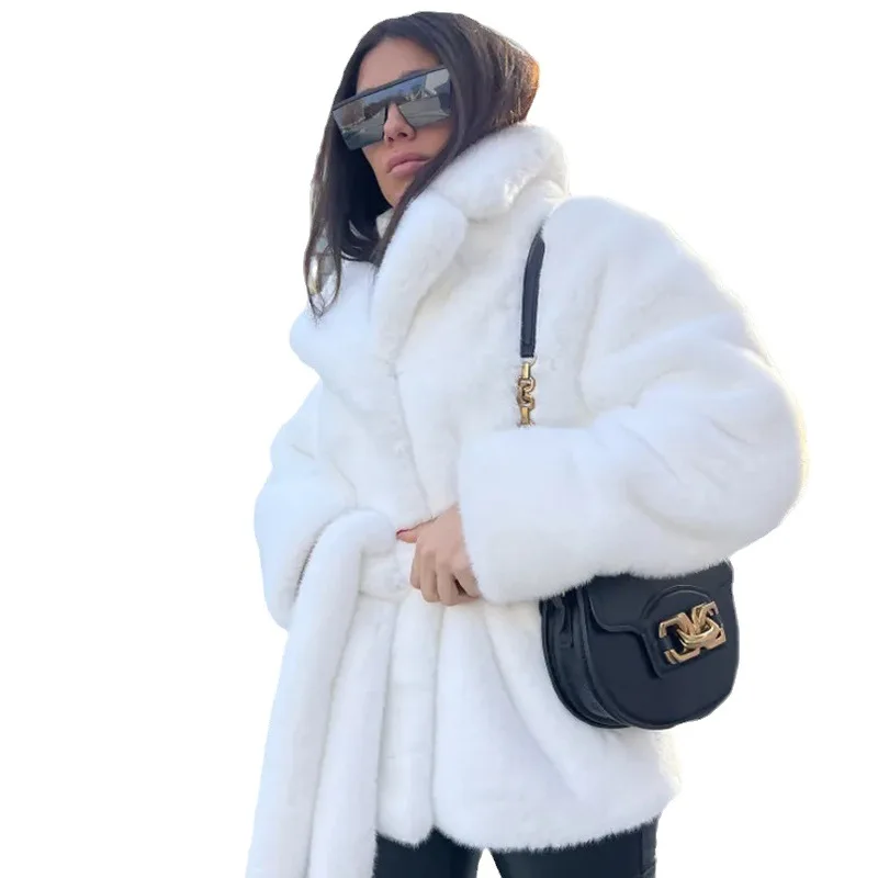 2024wish European and American style fur jacket imitation rabbit fur lapel thickened warm belt belt coat female plush
