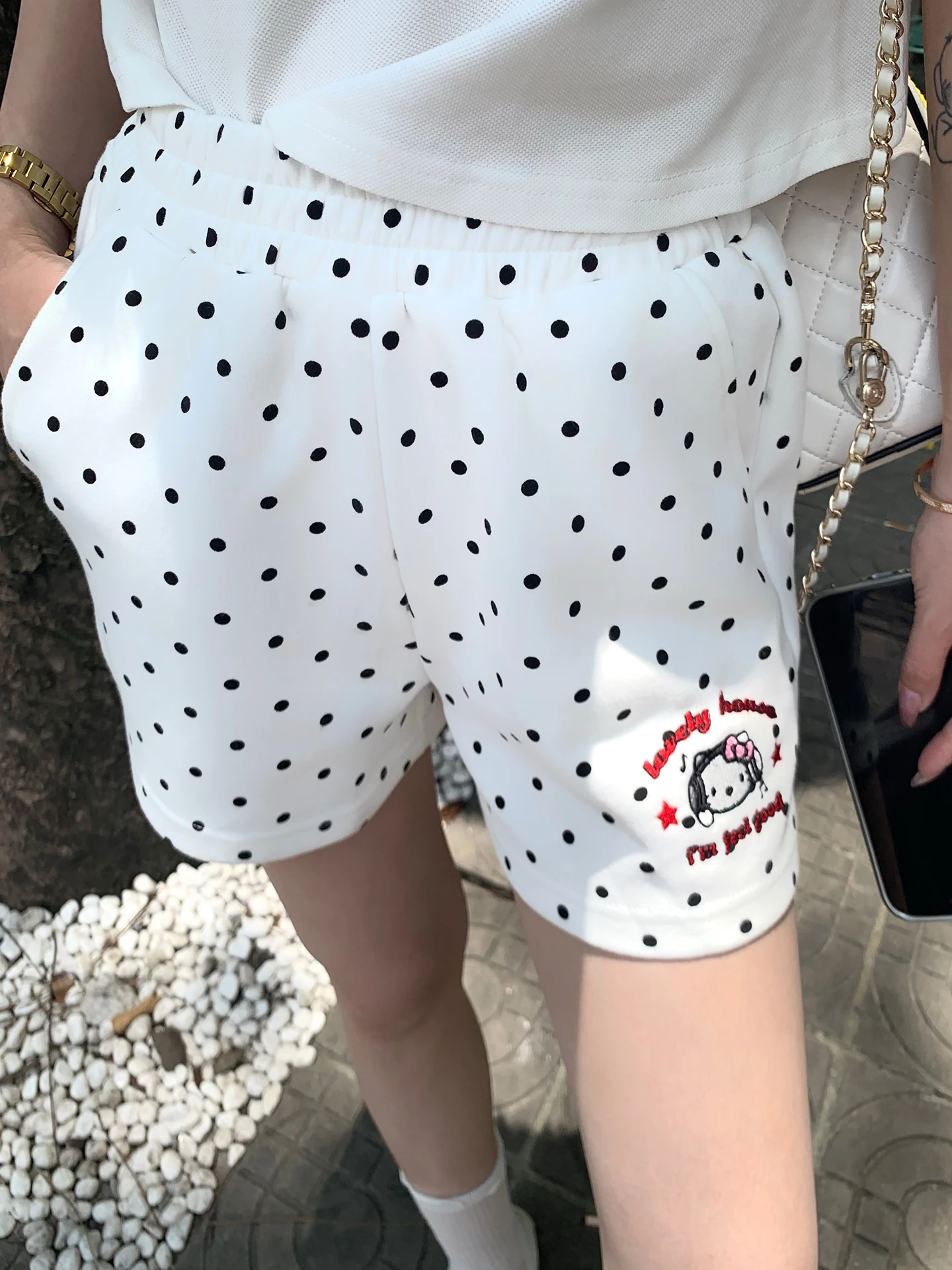 

Летние белые шорты в горошек с вышивкой, женские свободные брюки-капри с высокой талией, прямые повседневные брюки