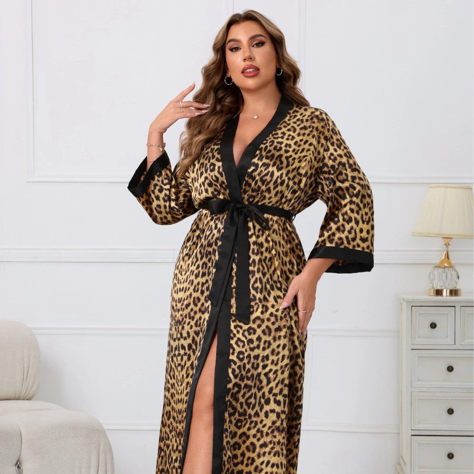 

New Long Robe Sleepwear Female Sexy Leopard Long Kimono Bathrobe Gown Comfortable Thin Nightwear Loungewear
