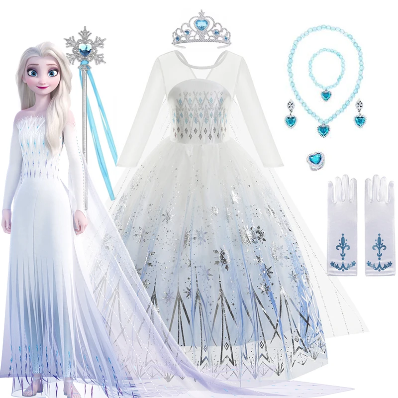 Robe princesse Elsa la reine des neiges Disney pour filles, avec Cape, blanche, manches longues, en dentelle, pour fête Festive, reine des neiges, 1-12 ans