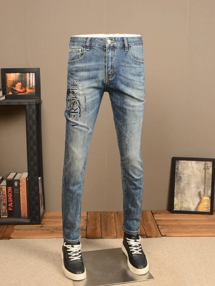 

Stretch Casual Jeans Men's Spring and Autumn Fashionable Slim High-End Printed Retro Affordable Luxury Washed Skinny Pants