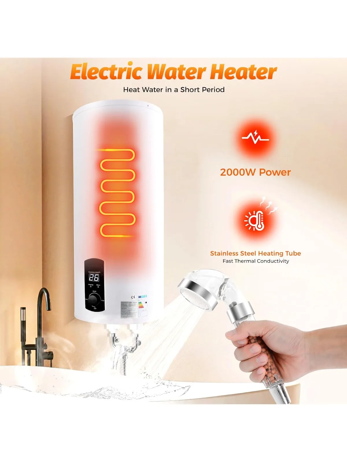 Chauffe-eau électrique à réservoir d'eau 60L 2000W chauffe-eau mural Vertical à économie d'énergie pour cuisines toilettes Salons caravanes