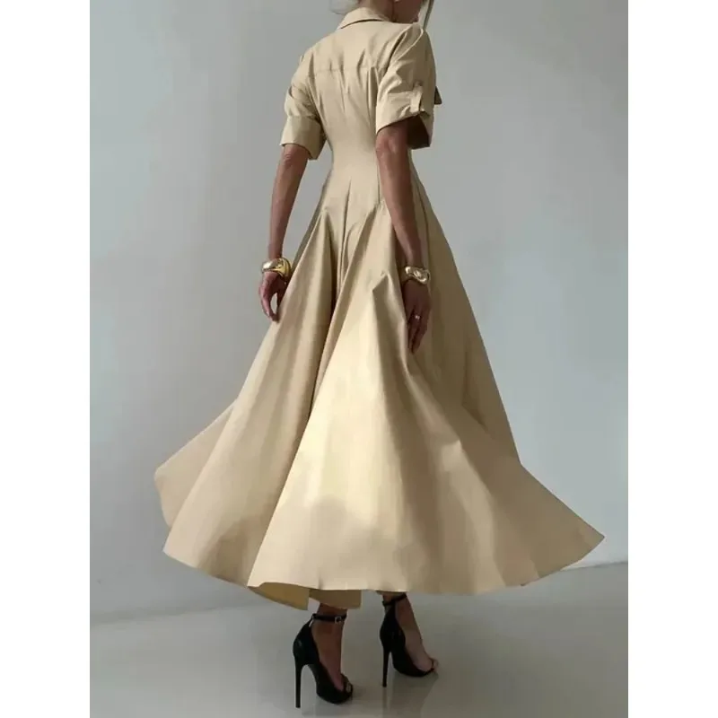 Effen Kleur Shirt Zomerjurk Vrouwen 2026 A-lijn Tlapel Half Mouw Single Breasted Casual Basic Elegante Jurken 181905