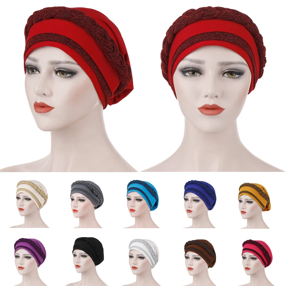 

New Women Glitter Chemo Cap Muslim Braid Hijab Turban Indian Bonnet Hat Headscarf Hair Loss Head Cover Headwear Cancer Skullies