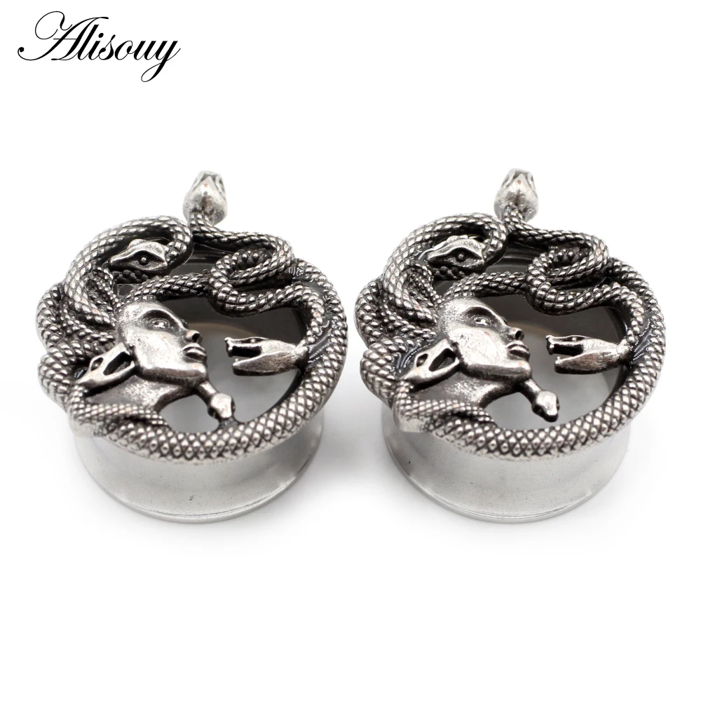 Alisouy 2pcs 6-25mm Retro Unique Stainless Steel Snake Head Ear Tunnels Plugs Expander Stretcher Gauges Body Piercing Jewelry