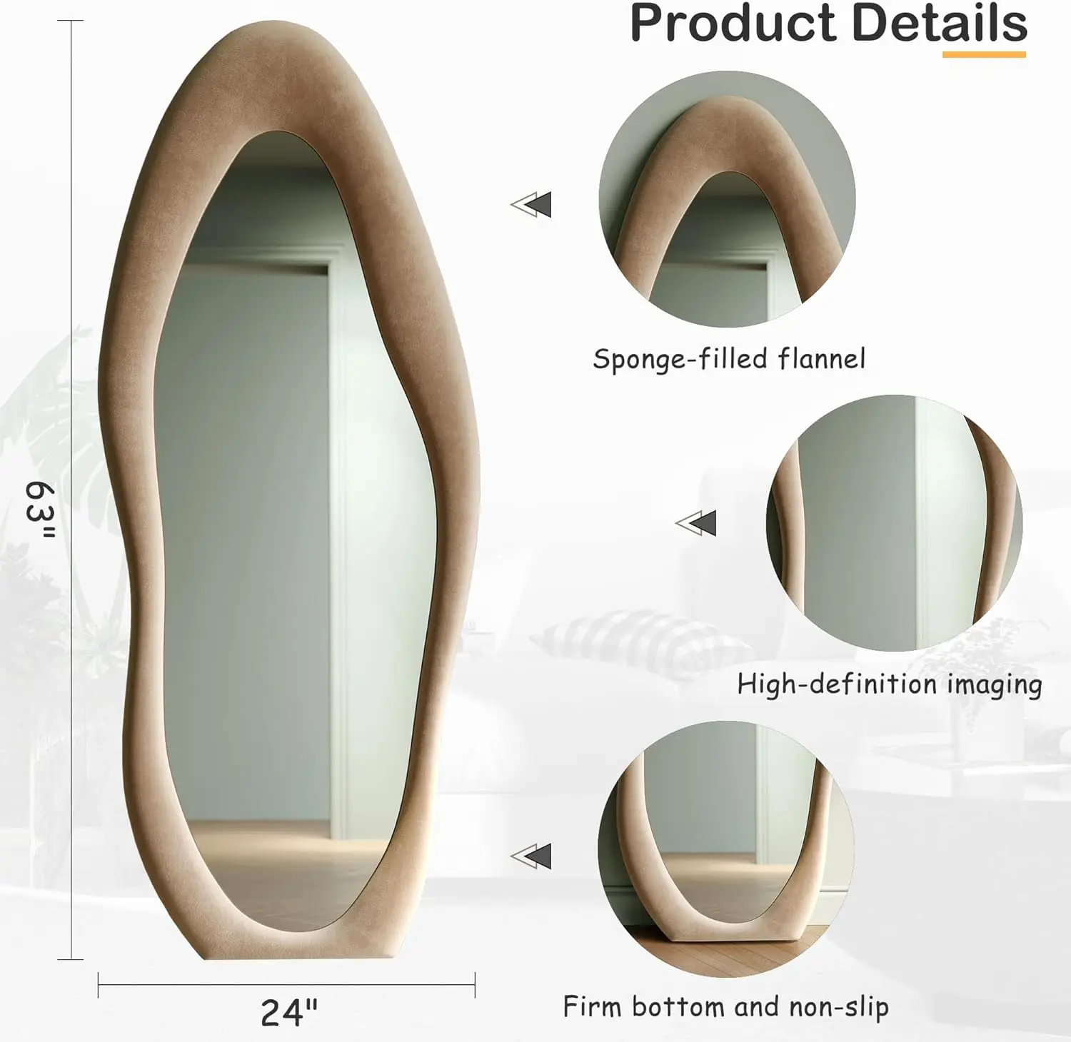 Full Length Flannel-Wrapped Wooden Frame Floor Mirror Irregular Wavy Design Hanging or Leaning 63"x24" Large Mirror Bedroom