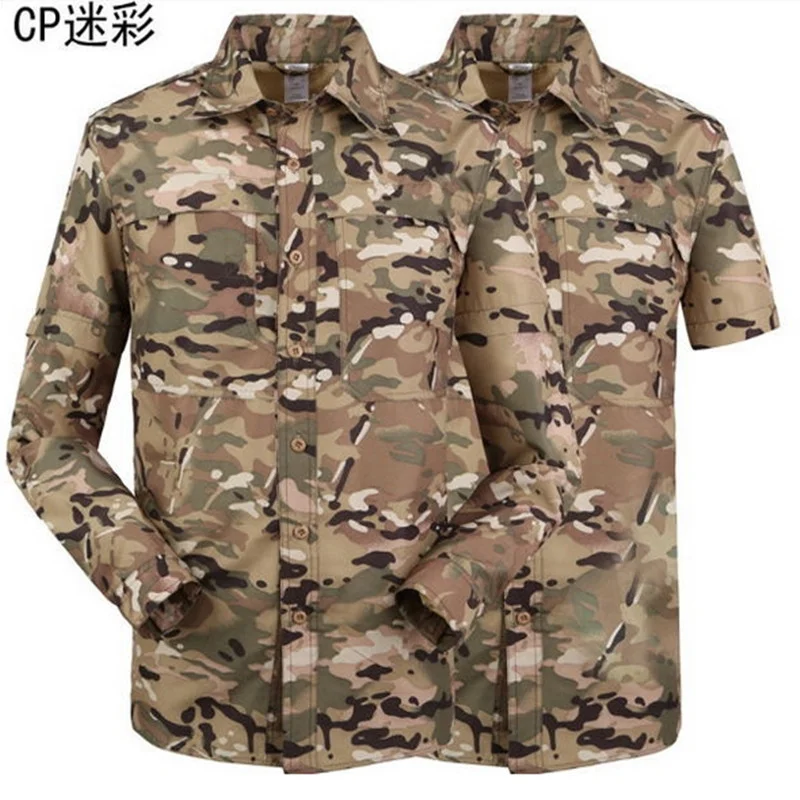 

Summer Men Sleeve Detachable Short Long shirts Tactical Military Quick Drying Camouflage Outdoors Army Sport Tops