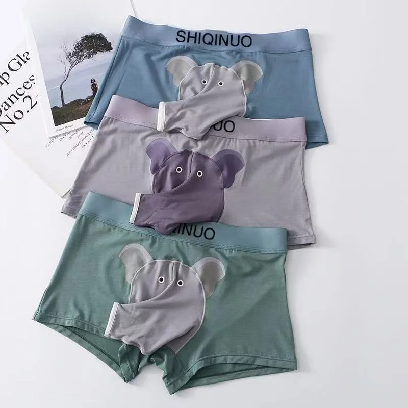 Calzoncillos Boxer cómodos y transpirables para hombre, calzoncillos con patrón de elefante de dibujos animados, ropa interior de moda, tejido plano de nailon, cintura media