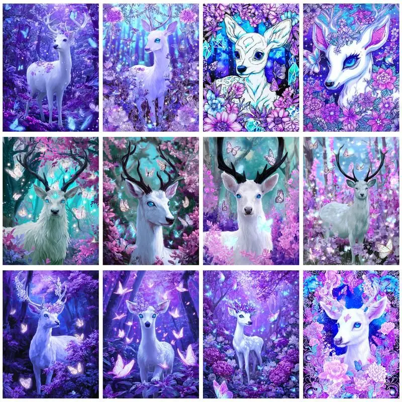 

CHENISTORY DIY Picture By Number White Deer Kits Handpainted Oil Painting By Number Animal Drawing On Canvas Home Decoration