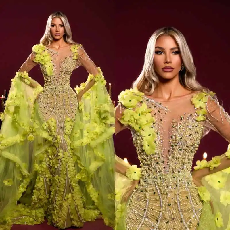 

Вечерние платья для показов мод с 3D цветами, жемчугом и бисером, нарядные платья-русалки для торжественных мероприятий, выпускных вечеров, индивидуальный пошив