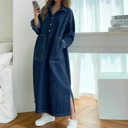 Women's Autumn Long Sleeve Denim Shirt Dress Button Pocket Jeans Casual Loose Femme Streetwear Cowboy Midi Robe Dresses