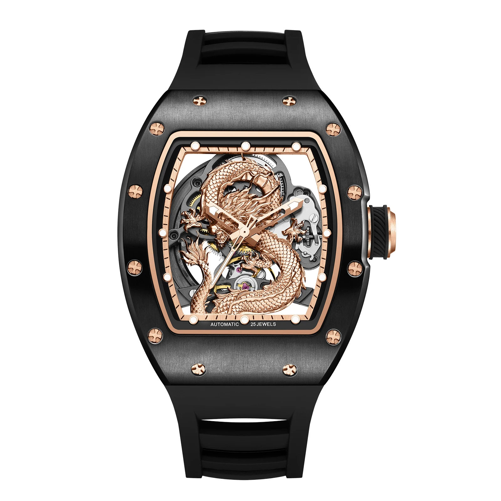 

DG Automatic Skeleton Watch Mechanical Movement Waterproof Wristwatch with Silicon Strap for Sports Casual Hollow Design