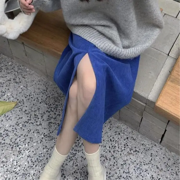 

plus Size 300 Pou Klein Blue High Waist Asymmetrical Knee-Length A-Line Skirt for plus Size Women Autumn Winter Long Skirts