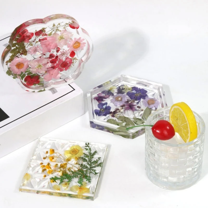 8Pcs Diy Crystal Epoxy Round Lace Hexagonal Square Silicone Mold Dish Tray Mold for Casting Concrete Drop shipping