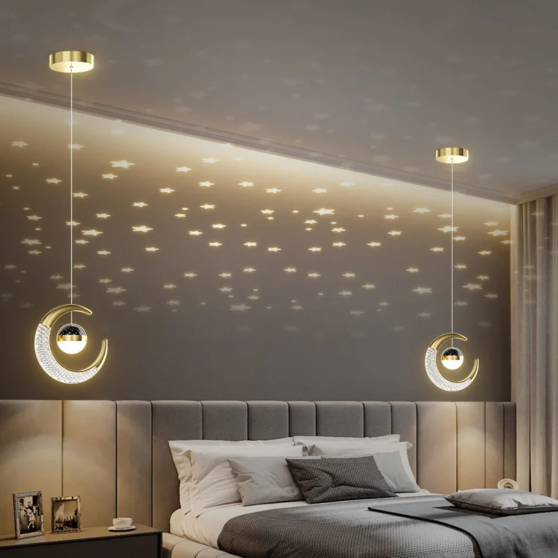 Creative LED Ceiling Light with Moon Stars Modern Asile Ceiling Lights Gold/Black Atmosphere Ceiling Hanging Lamp Loft Lighting image 2