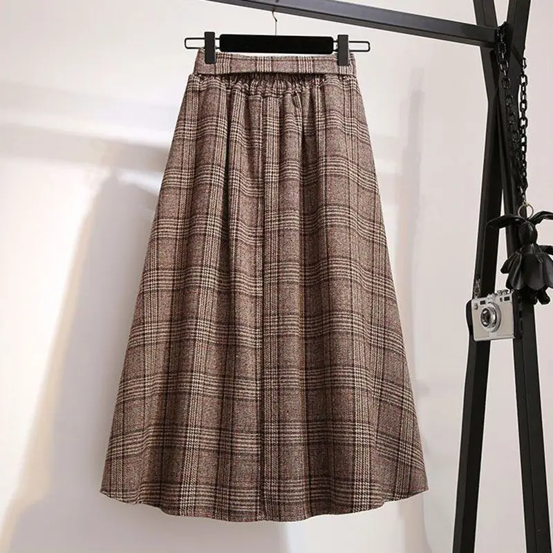 Khaki Plaid Vintage A-line High Waist Lace Up Buttons Loose Women\'s Skirt Mid-Calf Long Skirts For Women Clothing Fashion 2024