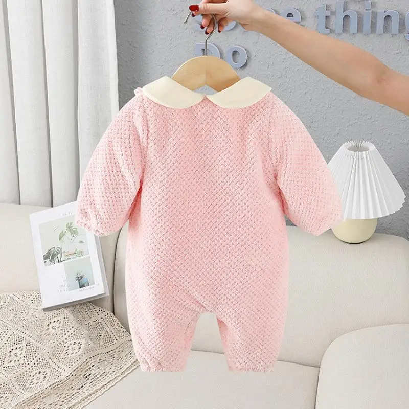 2024 Baby Girl Embroidered Rompers Cute Bow Newborn Romper Thick Long Sleeves Girls Jumpsuits Clothing Holiday Infant Clothes