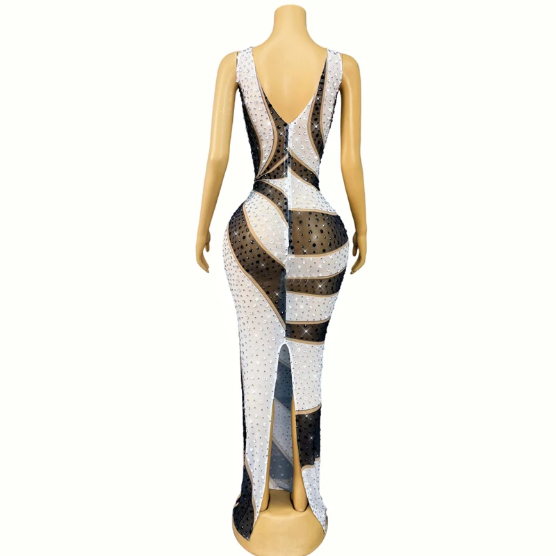 女性祝うイブニングドレス白黒ラインストーンフェスティバル衣装歌手ジャズ衣装ステージパフォーマンスドレス XS10059