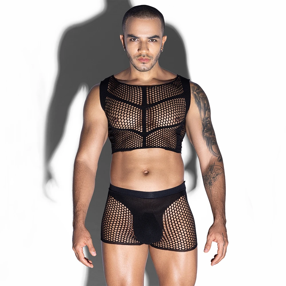 

2pcs Men's Sexy Erotic Set: Fishnet Hollow Sleeveless Slim Tight Tops + Underpants, Suitable For Men's Sexy Performance