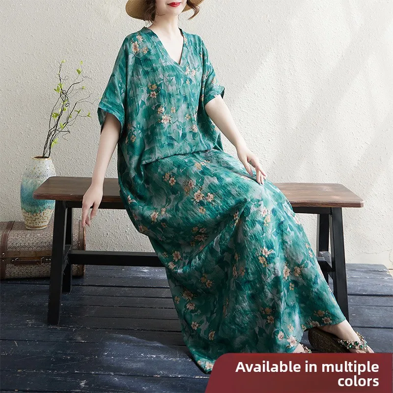 Summer V-ne Long Cotton Linen Loose Large Size Beach Skirt Meat Concealing n Holiday Sle Dr Casual Commute Sle