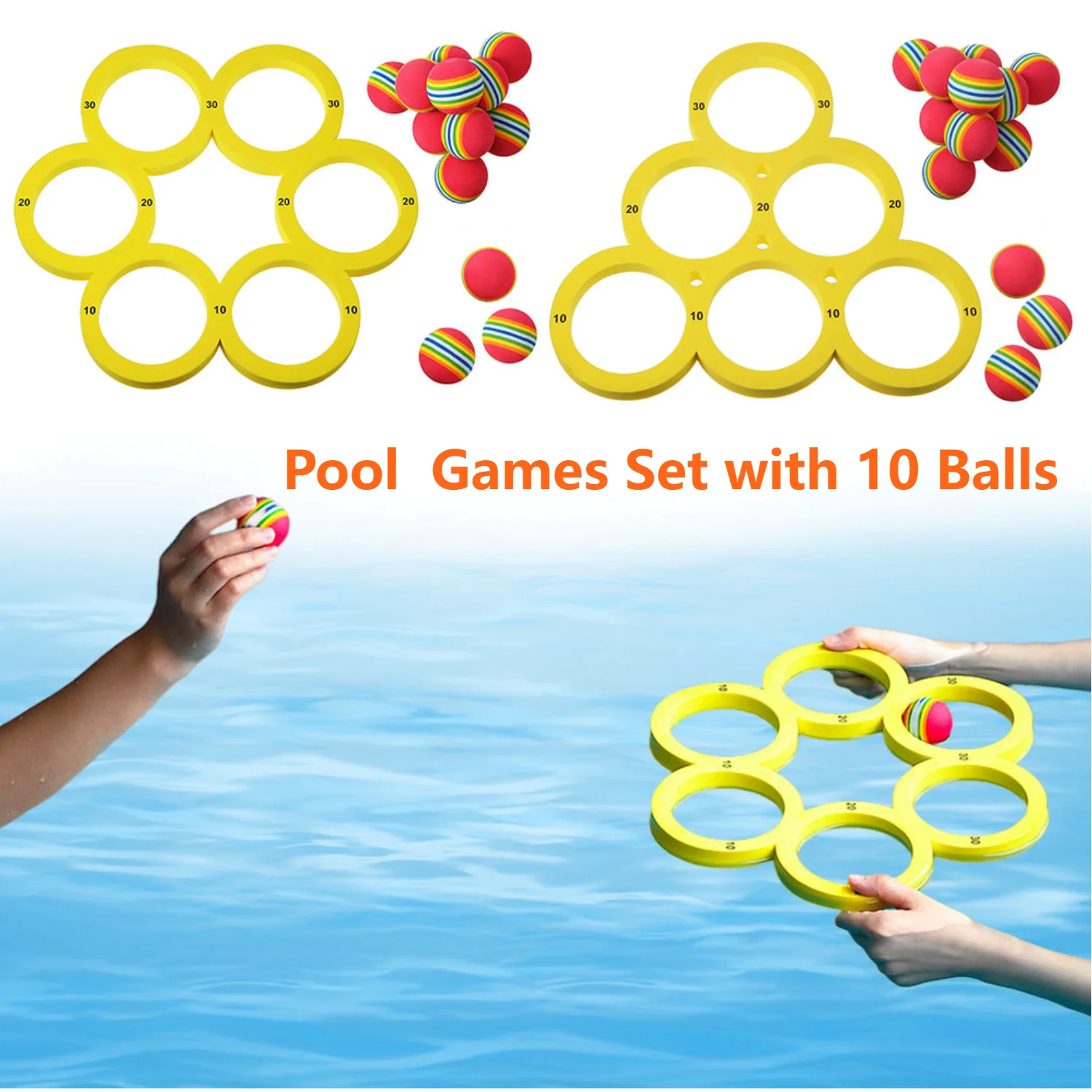 1set Fun Splash Water Sports Floating Pool Game Toy with 10 Rainbow Balls Throwing Game Water Sports EVA Throwing Circle Sets