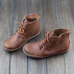 Women Ankle Boots Plus Size Hand-made Genuine Leather Woman Boots Round Toe Lace Up Shoes Female Footwear Driving Shoes